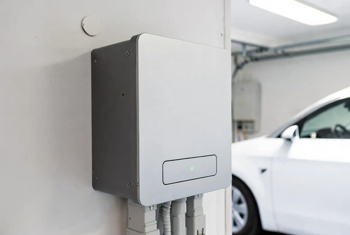 Alterion thuisbatterij in een garage naast een elektrische auto